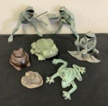 7 Frog Figures - Metal, Iron, Pottery Etc., Largest Is 6"