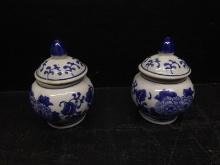 Pair Vintage Blue and White Decorated Covered Sugars