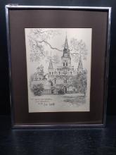 Artwork -Framed and Matted Pencil on Paper-St Louis Cathedral 1976 by Don Davey