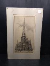 Artwork -Glass Framed Engraving-The Collegiate Church of St Nicholas signed Edith Mankiyel 1930