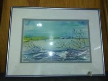 Artwork -Framed and Double Matted Watercolor-Peaceful Pond signed Many Tginipth