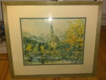 Framed and Matted Watercolor Bridge and Church