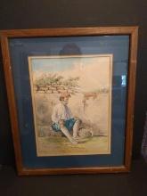 Framed and Matted Watercolor-Man with Eggs