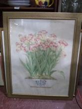Artwork-Framed Vintage Print-Tulips in Planter with Gold Chain Detail Frame signed