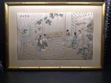Artwork-Framed and Matted Oriental Painting on Silk-Ladies Conversing