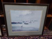 Framed and Double Matted Print-Harbor Scene by Marcel Dyf