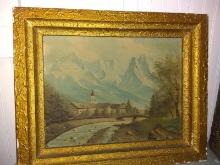 Vintage Framed Oil Painting -Bridge in the Alps-signed