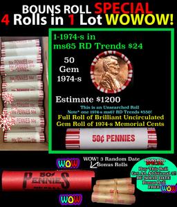 THIS AUCTION ONLY! BU Shotgun Lincoln 1c roll, 1974-s 50 pcs Plus THREE bonus random date BU roll! B