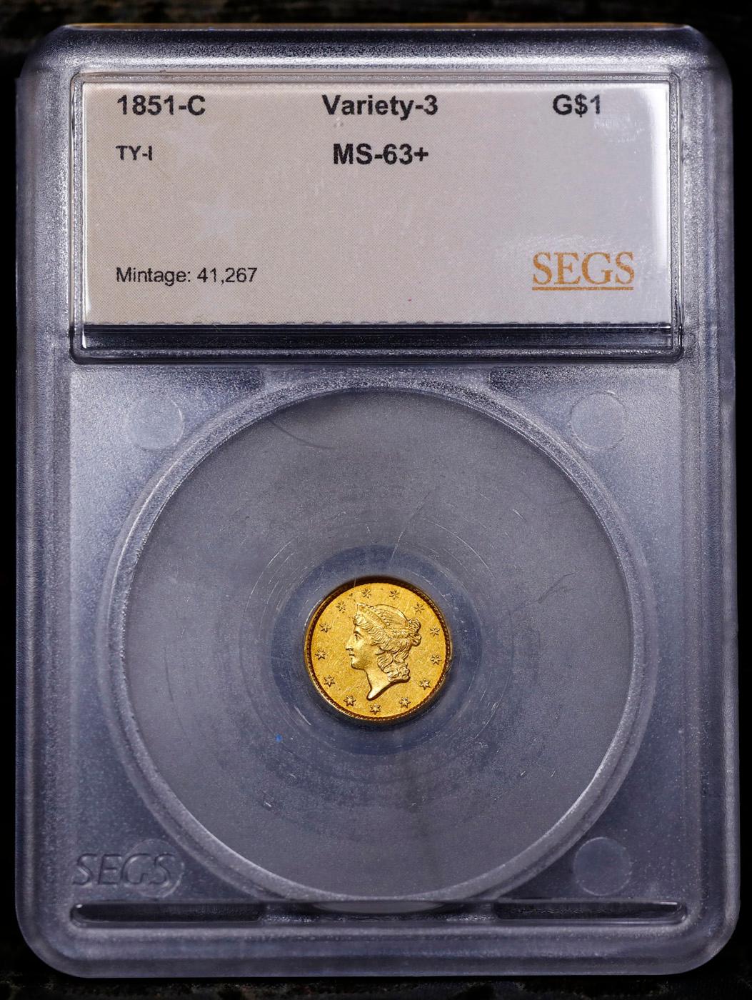 ***Auction Highlight*** 1851-c Gold Dollar TY-I Charlotte Variety-3 1 Graded ms63+ BY SEGS (fc)