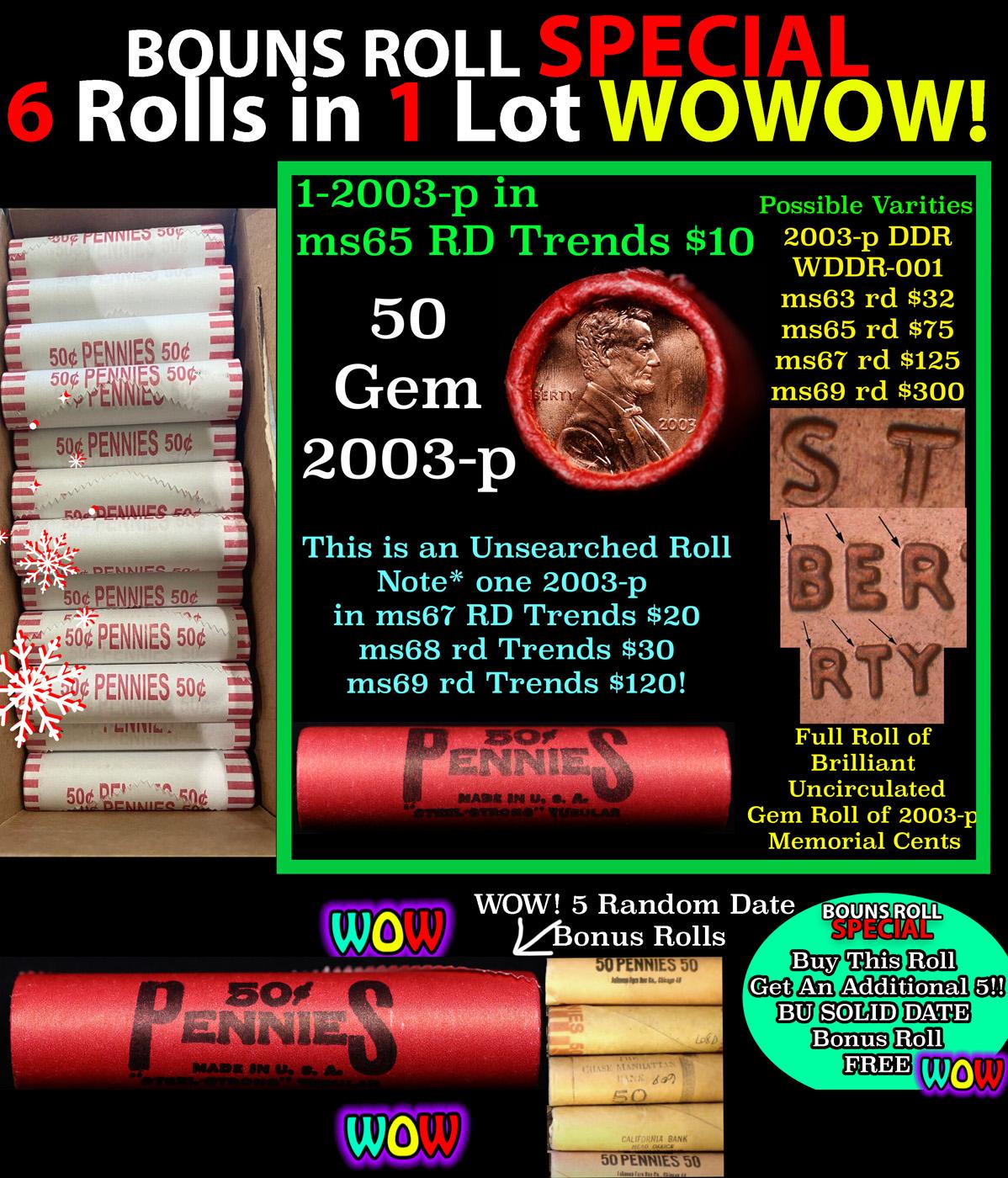 THIS AUCTION ONLY! BU Shotgun Lincoln 1c roll, 2003-p 50 pcs Plus THREE bonus random date BU roll! B