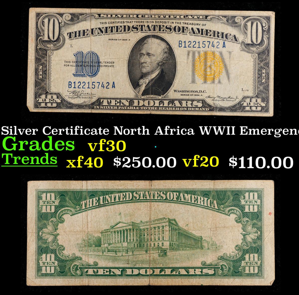 1934A $10 Silver Certificate North Africa WWII Emergency Currency Grades vf++