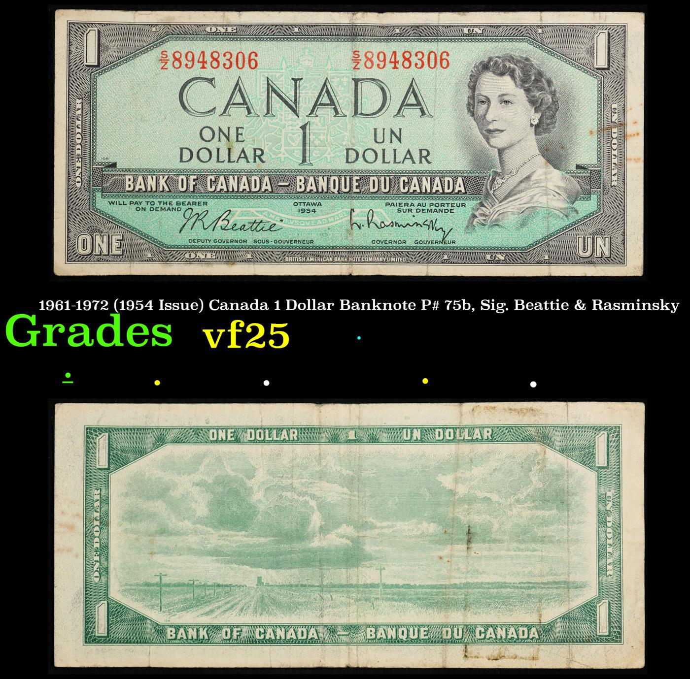 1961-1972 (1954 Issue) Canada 1 Dollar Banknote P# 75b, Sig. Beattie & Rasminsky Grades vf+