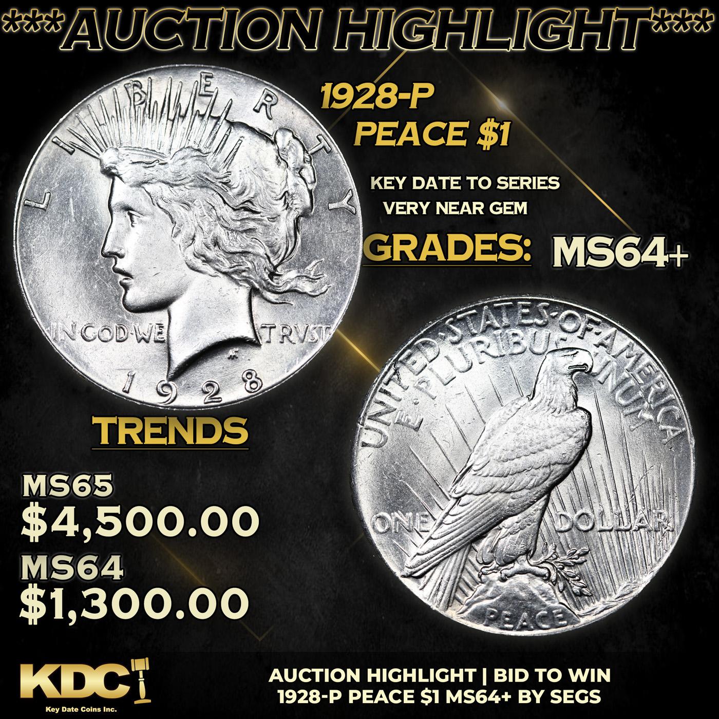 ***Auction Highlight*** 1928-p Peace Dollar 1 Graded ms64+ By SEGS (fc)