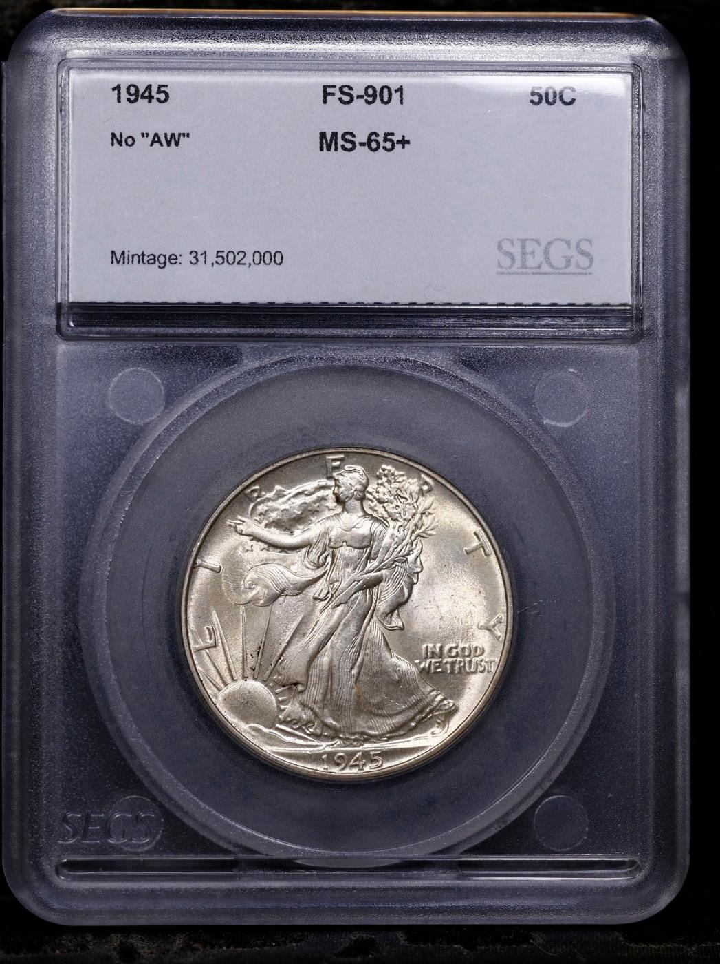 ***Auction Highlight*** 1945-p Walking Liberty Half Dollar FS-901 "No AW" 50c Graded ms65+ By SEGS (