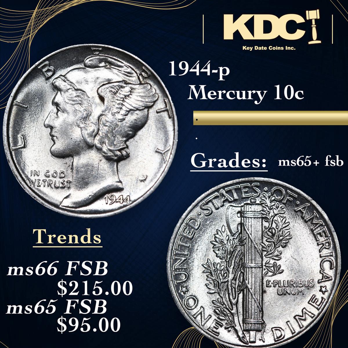 1944-p Mercury Dime 10c Grades GEM+ FSB