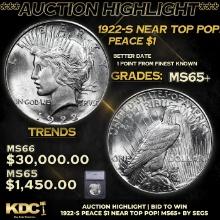 ***Auction Highlight*** 1922-s Peace Dollar Near Top Pop! 1 Graded ms65+ BY SEGS (fc)