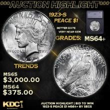 ***Auction Highlight*** 1923-s Peace Dollar 1 Graded ms64+ BY SEGS (fc)