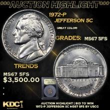 ***Auction Highlight*** 1972-p Jefferson Nickel 5c Graded GEM++ 5fs BY USCG (fc)