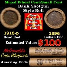 Small Cent Mixed Roll Orig Brandt McDonalds Wrapper, 1918-p Lincoln Wheat end, 1896 Indian other end
