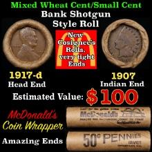 Small Cent Mixed Roll Orig Brandt McDonalds Wrapper, 1917-d Lincoln Wheat end, 1907 Indian other end