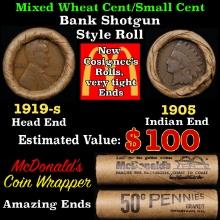 Small Cent Mixed Roll Orig Brandt McDonalds Wrapper, 1919-s Lincoln Wheat end, 1905 Indian other end