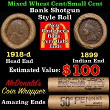 Small Cent Mixed Roll Orig Brandt McDonalds Wrapper, 1918-d Lincoln Wheat end, 1899 Indian other end