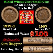 Small Cent Mixed Roll Orig Brandt McDonalds Wrapper, 1919-d Lincoln Wheat end, 1907 Indian other end