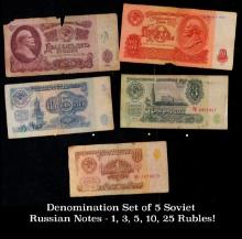 Denomination Set of 5 Soviet Russian Notes - 1, 3, 5, 10, 25 Rubles! Grades