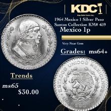 1964 Mexico 1 Silver Peso Santos Collection KM# 459 Grades Choice+ Unc