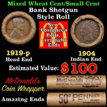 Small Cent Mixed Roll Orig Brandt McDonalds Wrapper, 1919-p Lincoln Wheat end, 1904 Indian other end