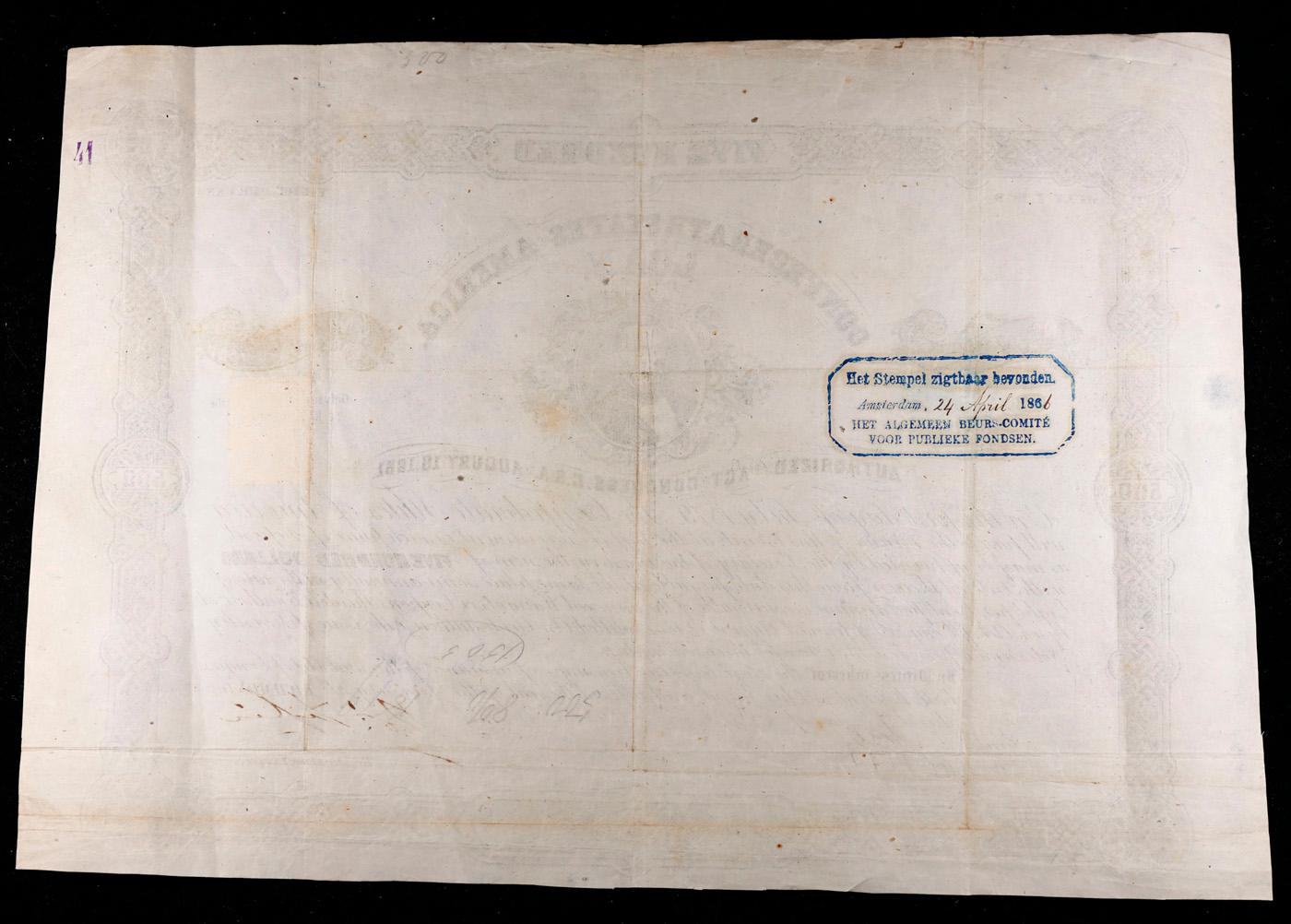 1862 Confederate States $500 Civil War Loan Bond w/ Rotterdam & Amsterdam Registration Stamps