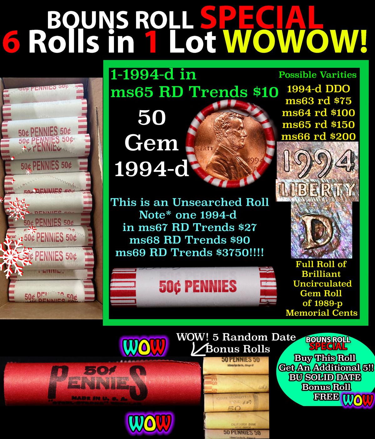 THIS AUCTION ONLY! BU Shotgun Lincoln 1c roll, 1994-d 50 pcs Plus FIVE bonus random date BU roll! Ba