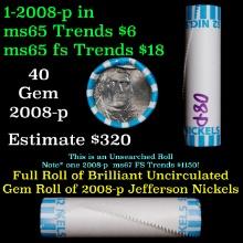 BU Shotgun Jefferson 5c roll, 2008-p 40 pcs Bank $2 Nickel Wrapper OBW