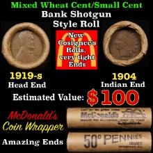 Small Cent Mixed Roll Orig Brandt McDonalds Wrapper, 1919-s Lincoln Wheat end, 1904 Indian other end