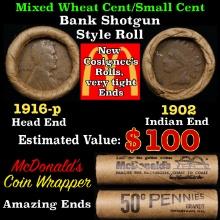 Small Cent Mixed Roll Orig Brandt McDonalds Wrapper, 1916-p Lincoln Wheat end, 1902 Indian other end