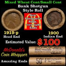 Small Cent Mixed Roll Orig Brandt McDonalds Wrapper, 1919-p Lincoln Wheat end, 1900 Indian other end