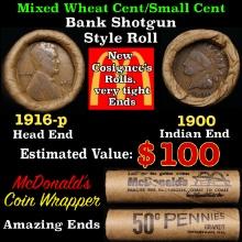Small Cent Mixed Roll Orig Brandt McDonalds Wrapper, 1916-p Lincoln Wheat end, 1900 Indian other end