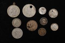 Group of 10 Coins - 1915 Franc, 1921 Florin, Venezuela 1 and 2 Bolivars, Aus. Threepence and Sixpenc