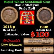 Small Cent Mixed Roll Orig Brandt McDonalds Wrapper, 1918-p Lincoln Wheat end, 1902 Indian other end