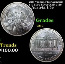 2011 Vienna Philharmonic 1 1/2 Euro Silver KM#?3159 Grades Brilliant Uncirculated