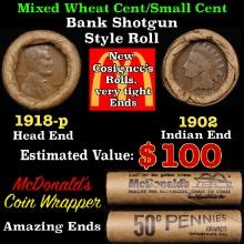 Small Cent Mixed Roll Orig Brandt McDonalds Wrapper, 1918-p Lincoln Wheat end, 1902 Indian other end