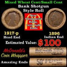Small Cent Mixed Roll Orig Brandt McDonalds Wrapper, 1917-p Lincoln Wheat end, 1896 Indian other end