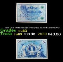 1908 (1918-1922 Reissue) Germany 100 Marks Hyperinflation Banknote P# 34 Grades vf++