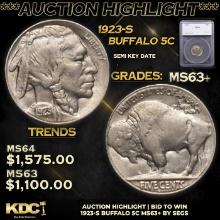 ***Auction Highlight*** 1923-s Buffalo Nickel 5c Graded ms63+ By SEGS (fc)