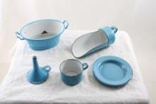 5 Pc. Enamelware Funnel, Scoop, Basket, Pot+