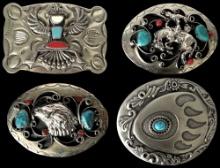 Lot of 4 estate Western-style belt buckles with stones