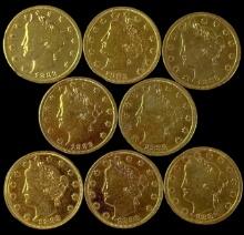 Lot of 8 1883 no cents U.S. gold-plated "racketeer" V nickels