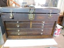Wooden Antique 7-Drawer Wooden Tool Box - including the tools pictured