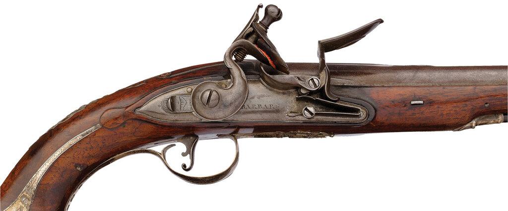 Revolutionary War Era Silver Mounted Flintlock Pistols by Barbar