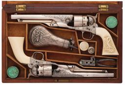 Cased Pair of Engraved Silver Plated Colt 1860 Army Revolvers